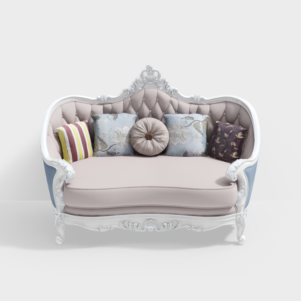 Classic white carved sofa with beige fabric and floral pillows on white background