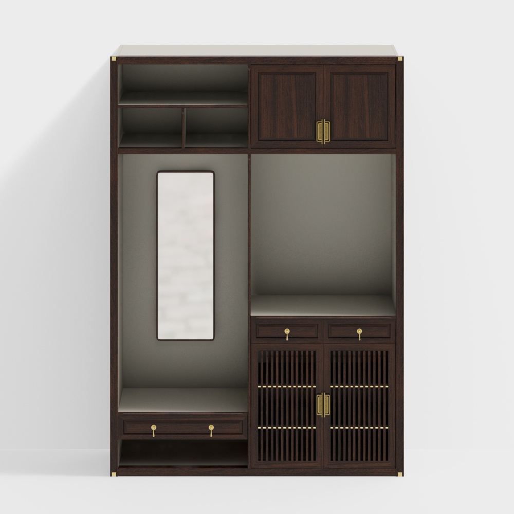 Dark brown wooden wardrobe with mirror and gold handles on white background