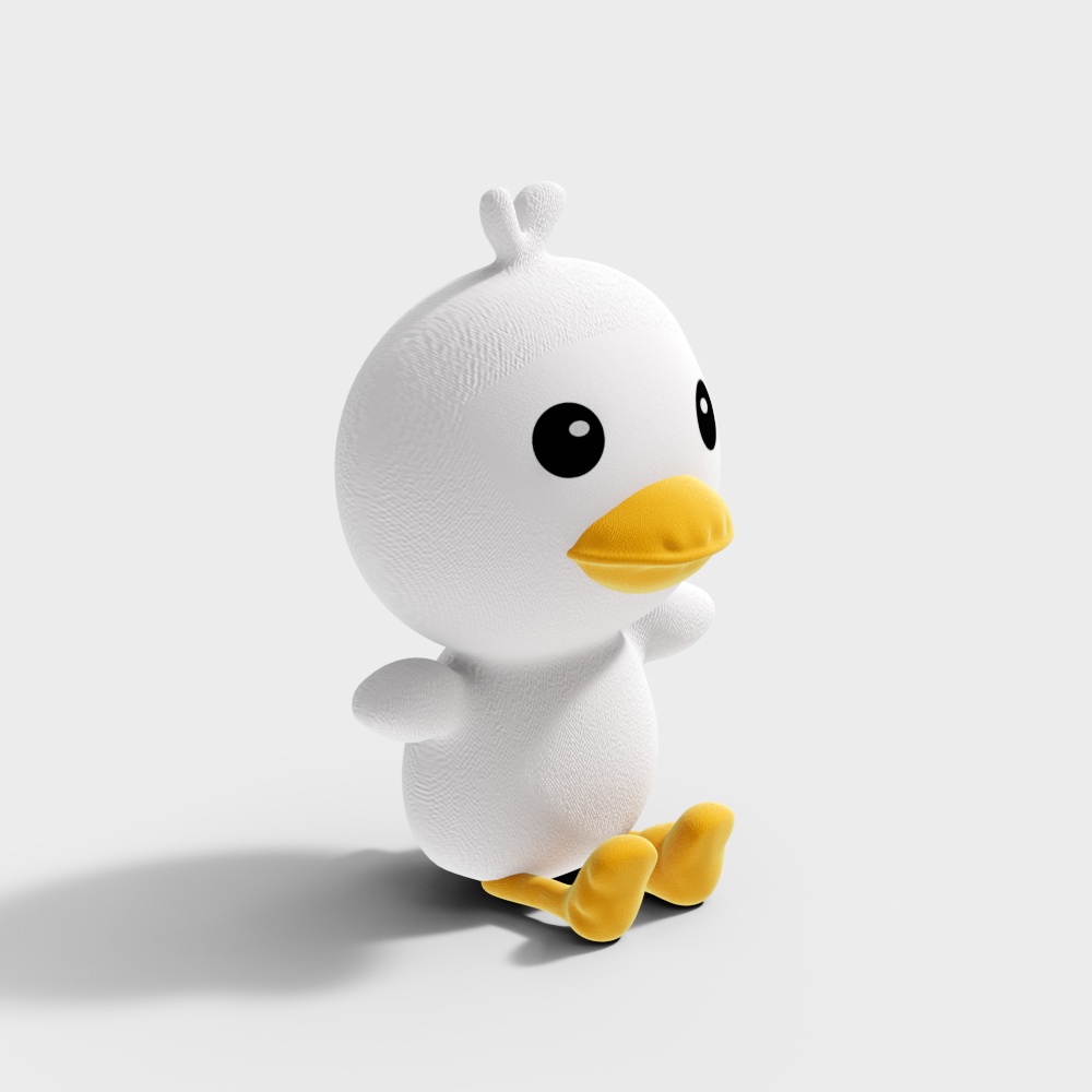 Cute white duck toy with yellow beak and feet sitting on grey background