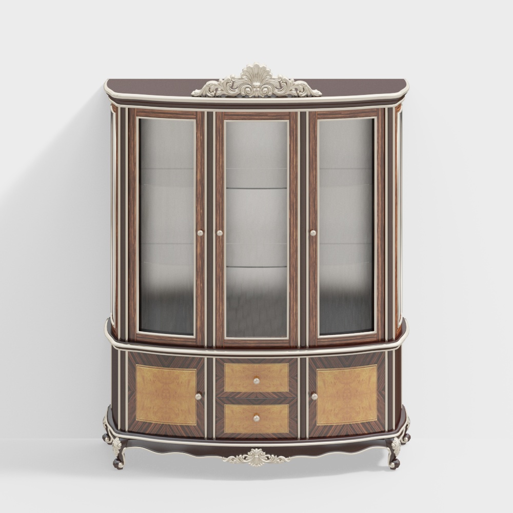 Royal Display Cabinet 3D Model – Mahogany & Gold Detailing