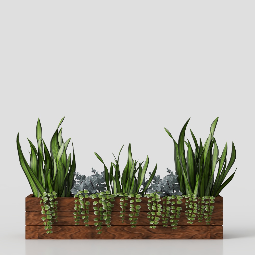 Urban Garden Planter Box 3D Model – Wooden Planter with Greenery