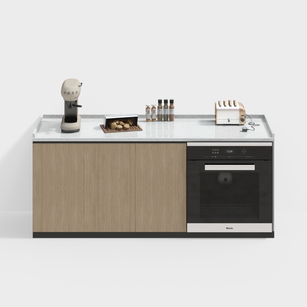 Modern Low-Poly Kitchen Counter 3D Model – Wooden Cabinet