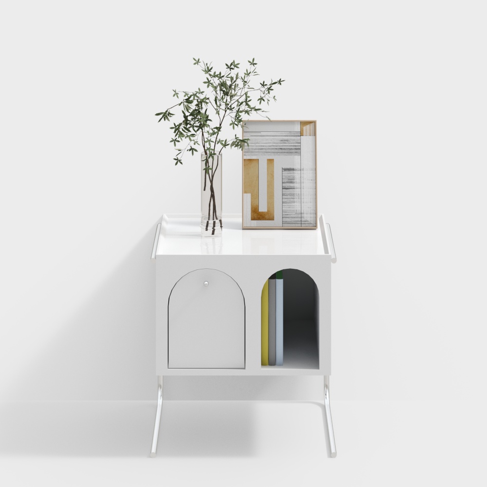 White modern cabinet with arched door and open shelf on white background