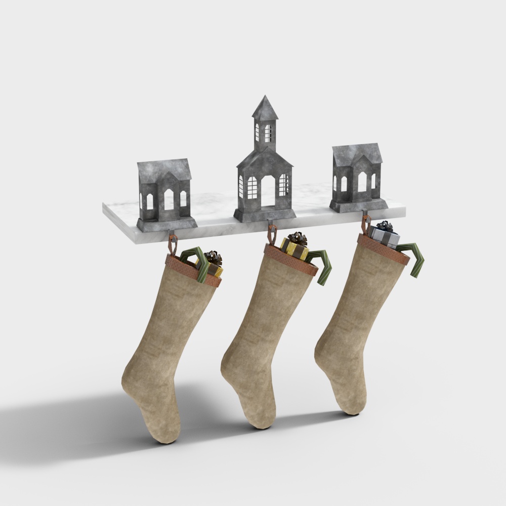 Christmas Village Socks Shelf 3D Model – Festive Marble Design