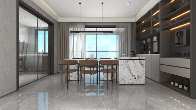 Modern dining room featuring marble table brown chairs kitchen island dark cabinets grey tiled floor