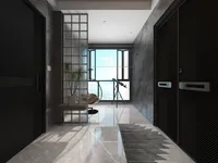 Modern entry with dark doors, marble floor, glass wall, plant, telescope, and sea view balcony