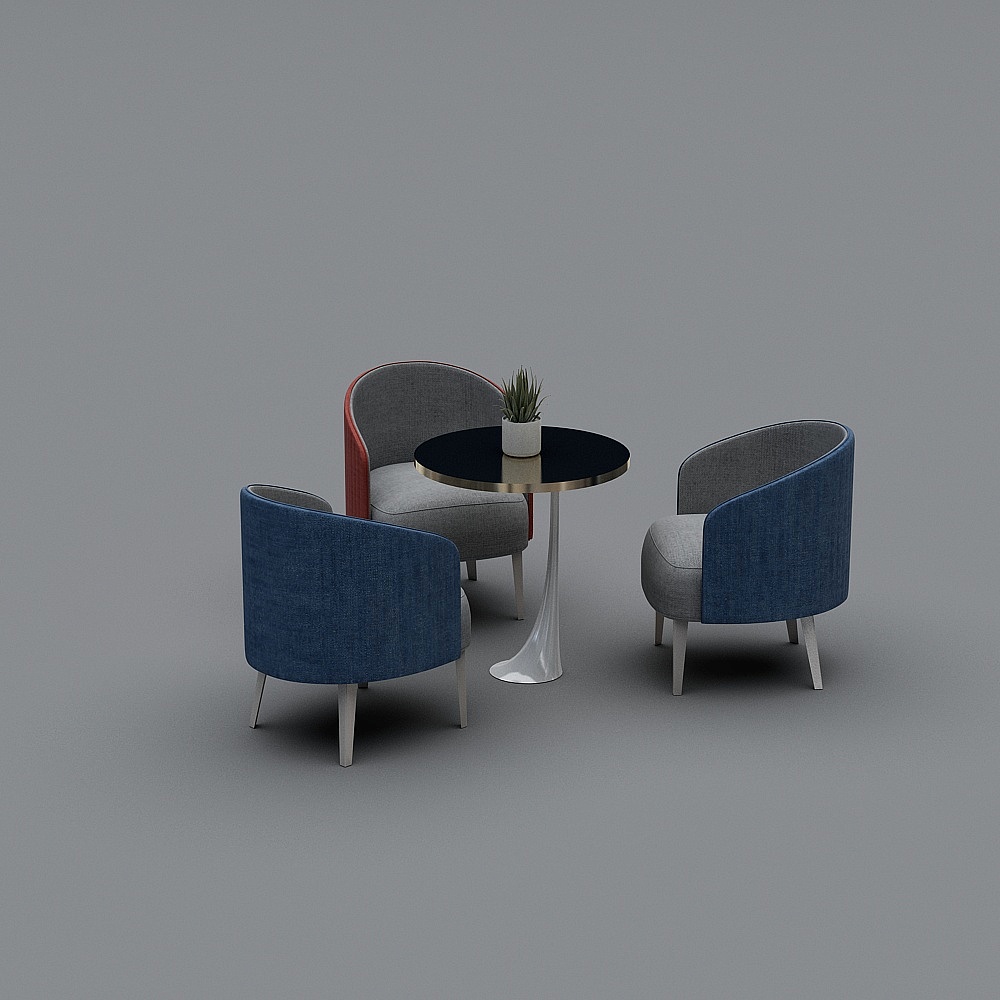 Three blue and grey fabric armchairs with round black table on grey background