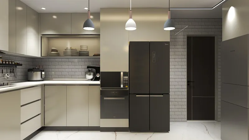 Modern kitchen design featuring beige cabinets black refrigerator three ceiling lights and grey brick tiles