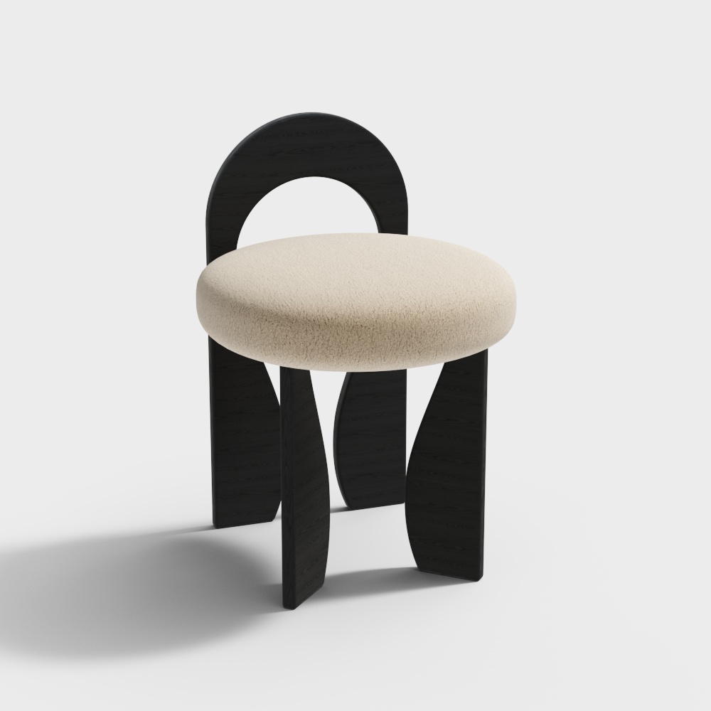 Modern black wood stool with round beige fabric seat and curved legs on white background