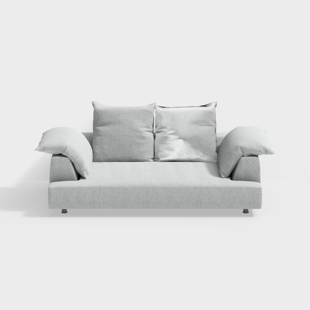 Modern light grey fabric sofa with four pillows and small black legs on white background