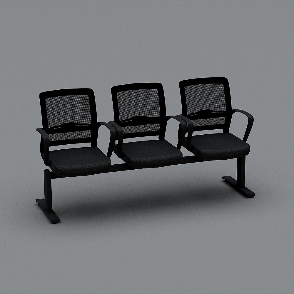 Modern black three seat waiting room chair with mesh back and metal legs on grey background