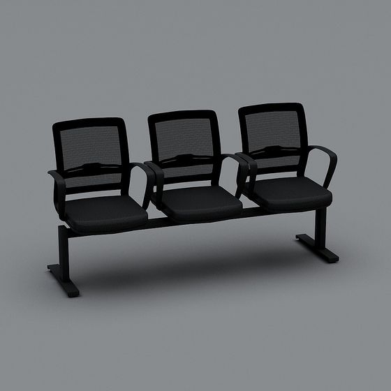 Modern black three seat waiting room chair with mesh back and metal legs on grey background