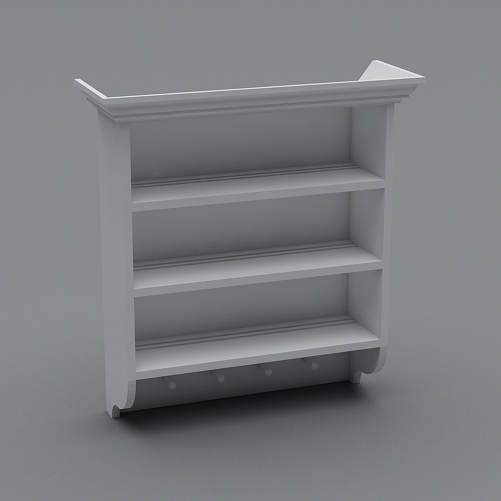 White wooden wall shelf with four shelves and hooks on grey background