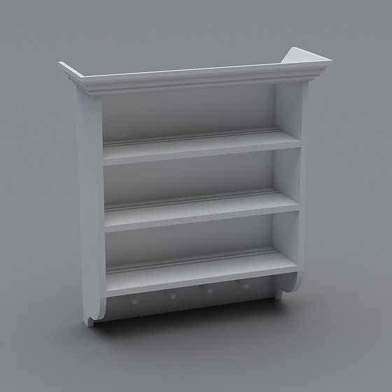 White wooden wall shelf with four shelves and hooks on grey background