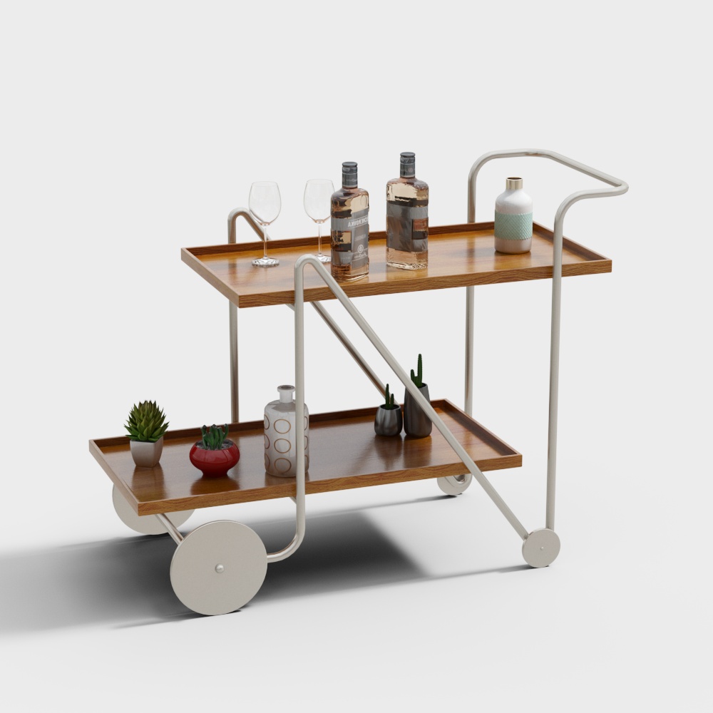 Retro Style Coffee Table Cart 3D Model – Low-Poly Wood & Metal