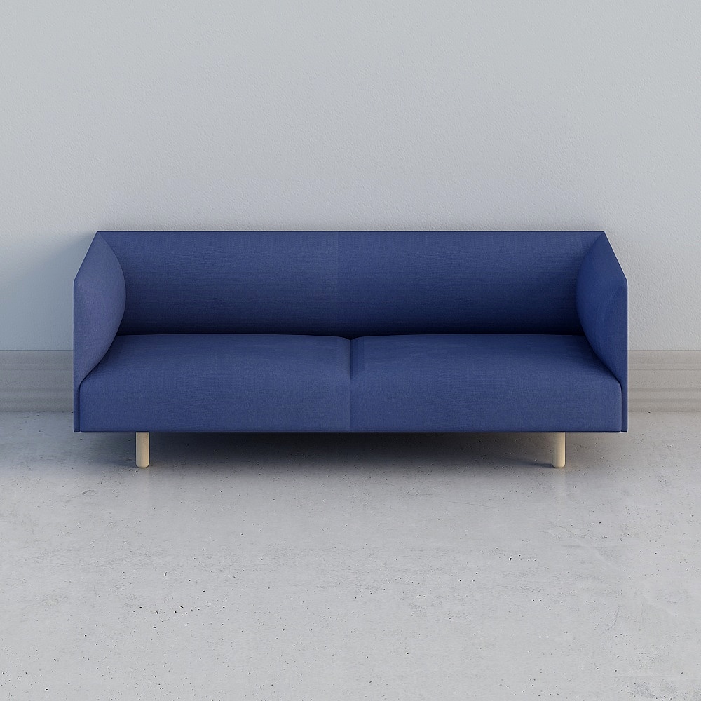 Modern blue fabric sofa with two seats and light wooden legs on grey background