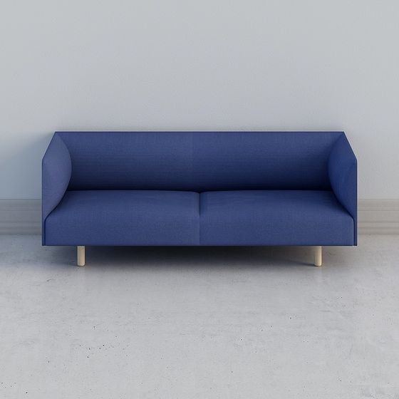 Modern blue fabric sofa with two seats and light wooden legs on grey background