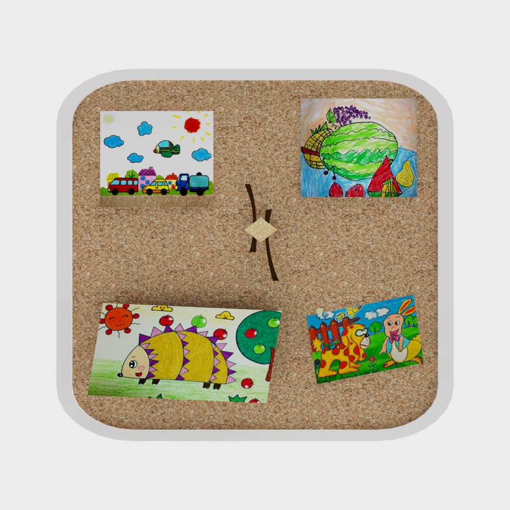 Cork bulletin board with four colorful kids drawings and center clip on grey background
