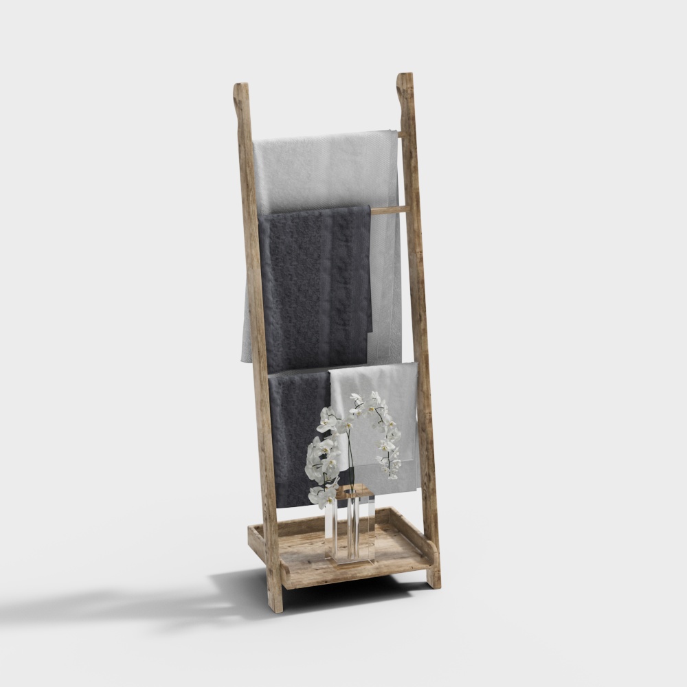 Natural Wooden Towel Rack 3D Model – Rustic Wood Texture