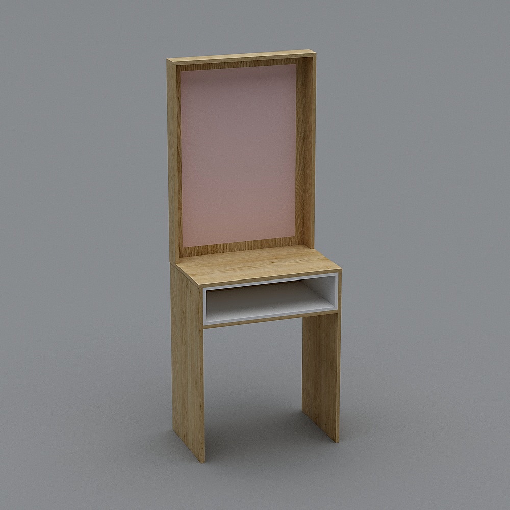 Modern light wood desk with pink back panel and white shelf on grey background
