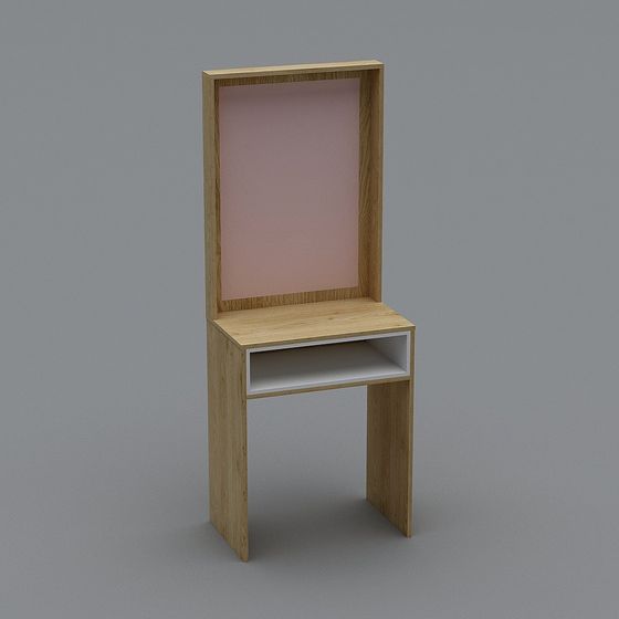 Modern light wood desk with pink back panel and white shelf on grey background