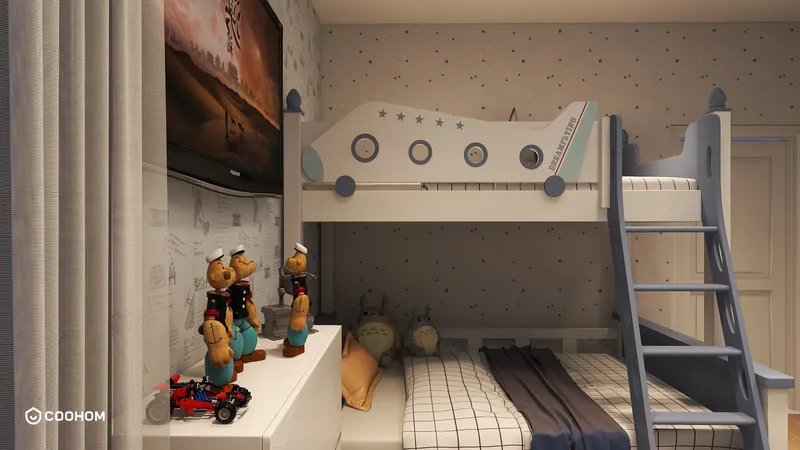 Kids bedroom featuring airplane bunk bed with blue ladder star wallpaper and toys on cabinet