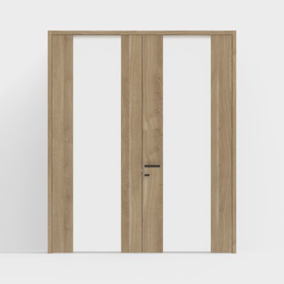 Modern sliding door with light wood frame and white panels on white background