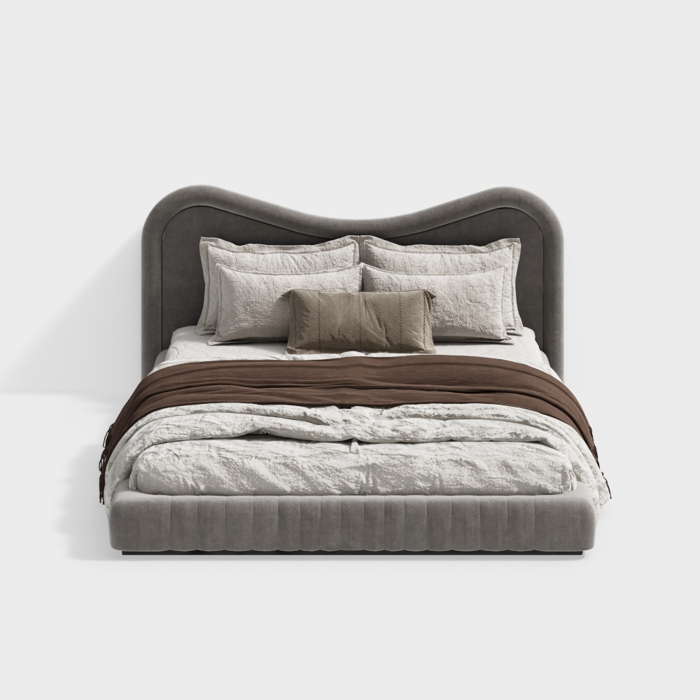 Elegant Gray Upholstered Bed 3D Model – Velvet Texture