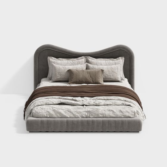 Elegant Gray Upholstered Bed 3D model