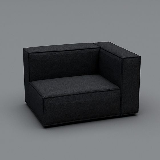Modern black fabric modular sofa section with boxy shape and thick cushions on grey background