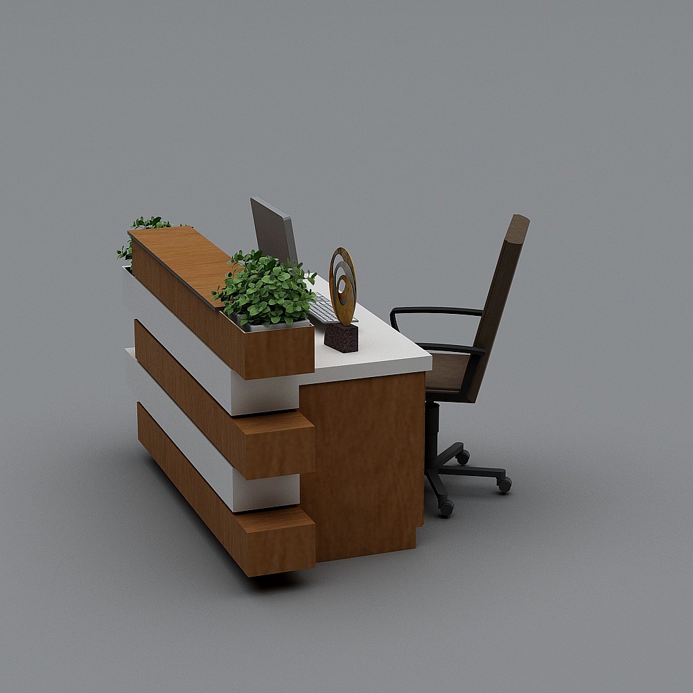 Modern office desk with wood and white panels plus black chair on grey background