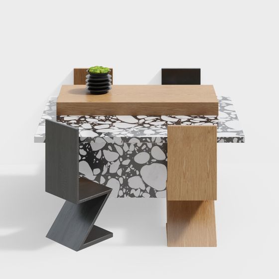 Mesa de comedor moderna y juego de sillas.