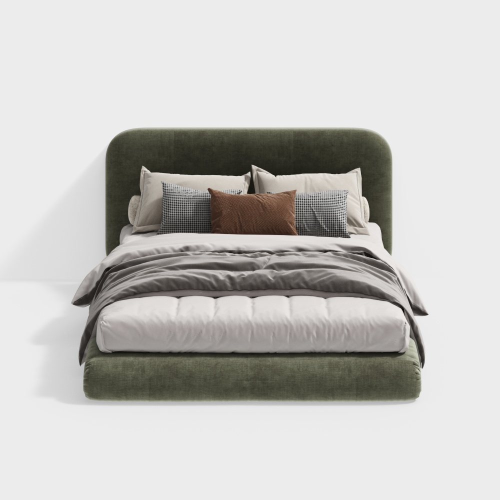 Cozy Retreat Bed 3D Model – Olive Velvet Upholstery