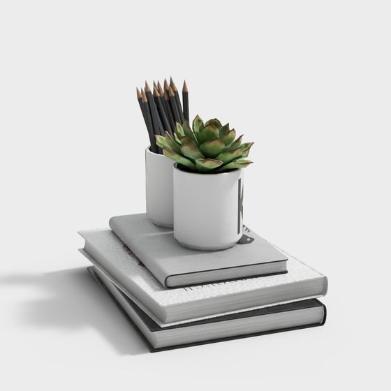 Stationery and Green Plant Composition 3D model