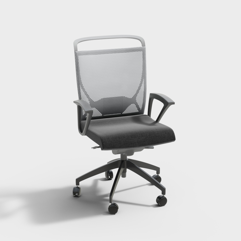 Modern grey mesh office chair with black seat and wheels on white background