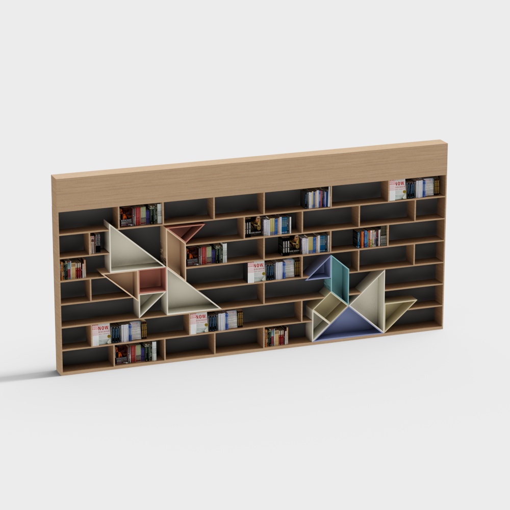 Modern wooden bookshelf with colorful geometric shelves and books on white background
