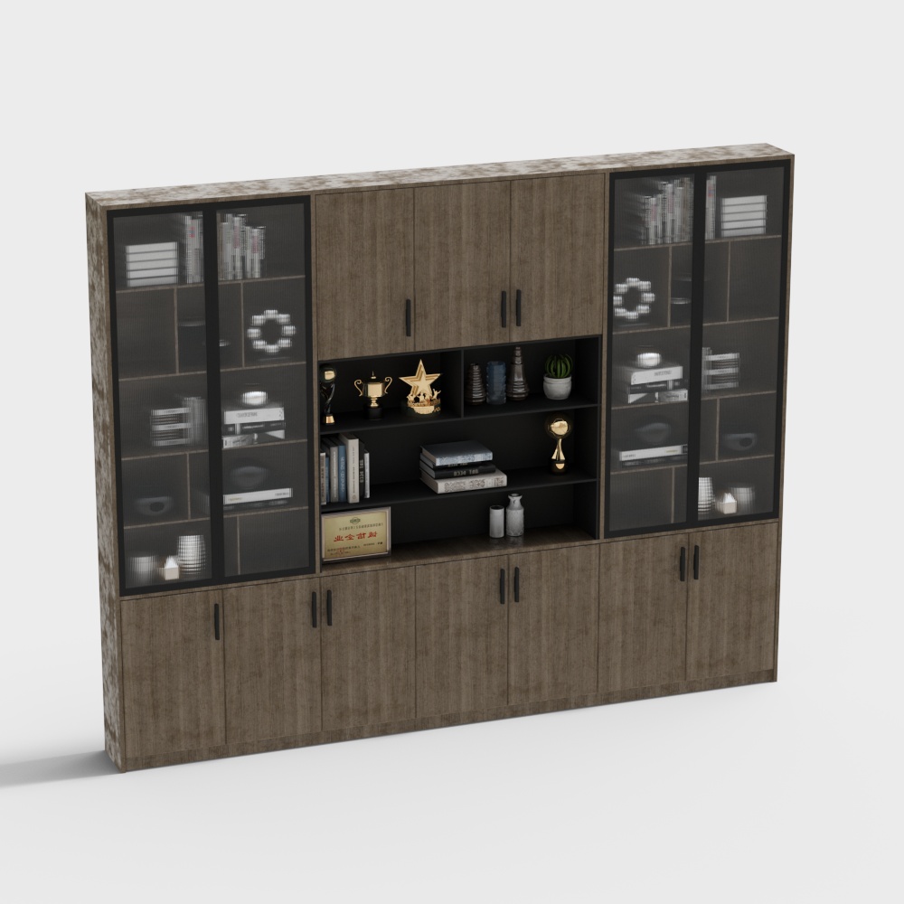 Modern brown wooden wall cabinet with glass doors and black handles on white background