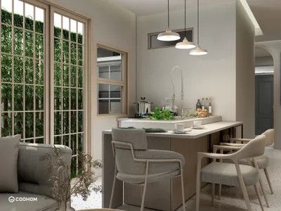 Modern Transitional Dining Room with Wood Tones