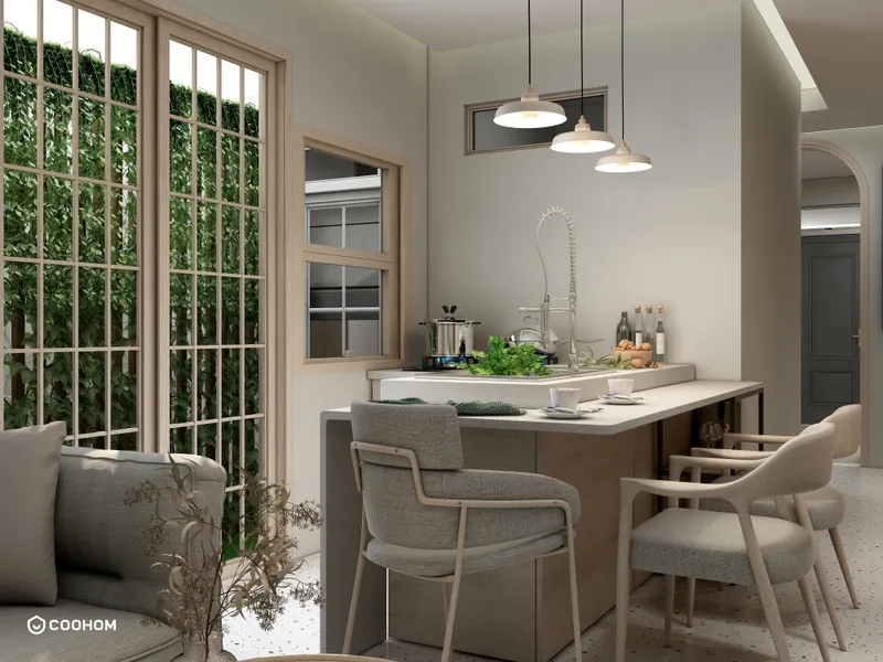 Modern kitchen island with three ceiling lights, gray chairs, wooden cabinets, and greenery behind windows