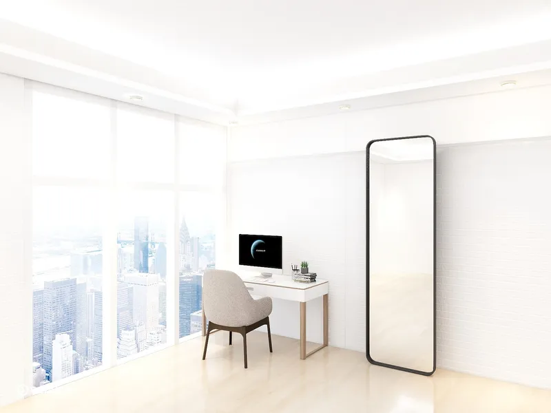 Modern white workspace featuring a desk computer chair tall mirror and large city view windows