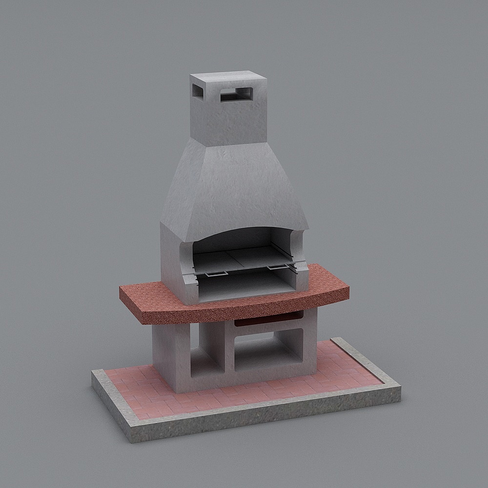 Outdoor concrete barbecue grill with red counter and brick base on grey background