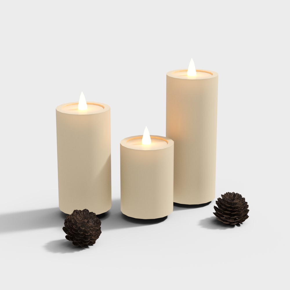 Set of three beige pillar candles with pinecones on white background