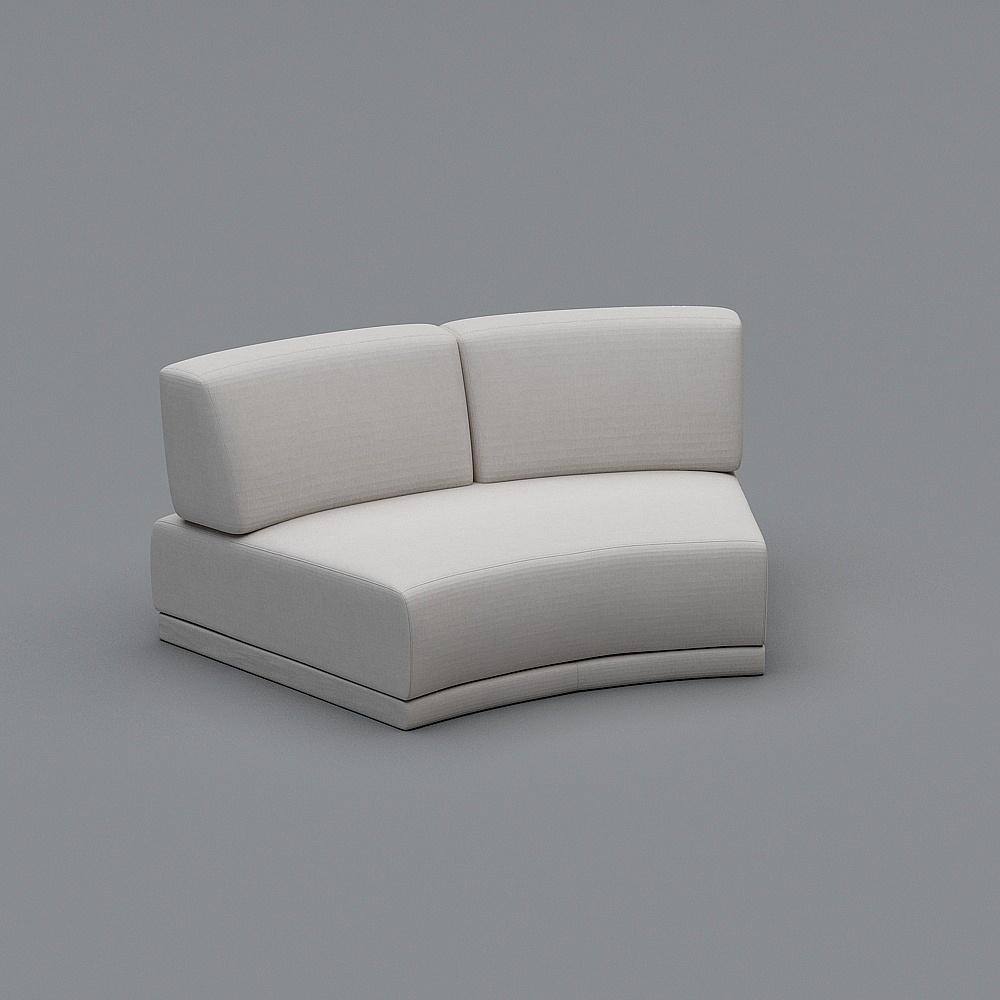 Modern curved white fabric sofa with two back cushions on grey background