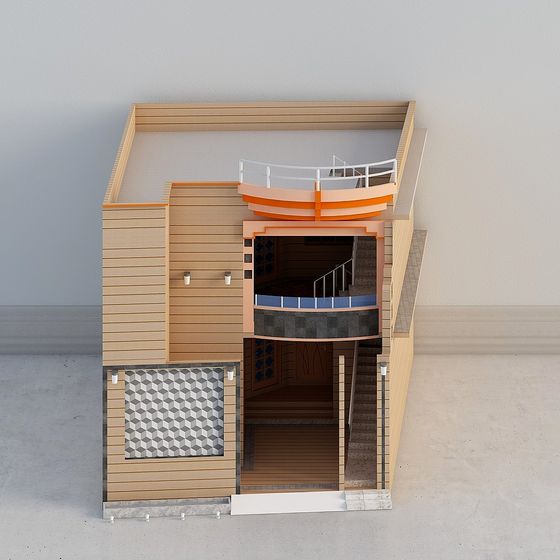 Low Polygon Wall with Orange Metal Railings 3D model