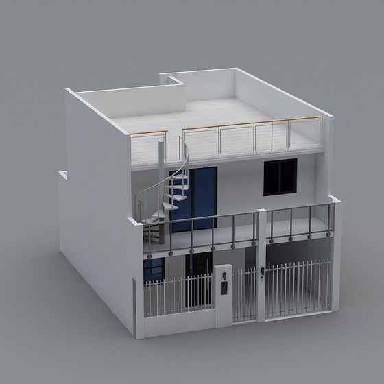 Modern white two story house model with spiral staircase and metal railings on grey background
