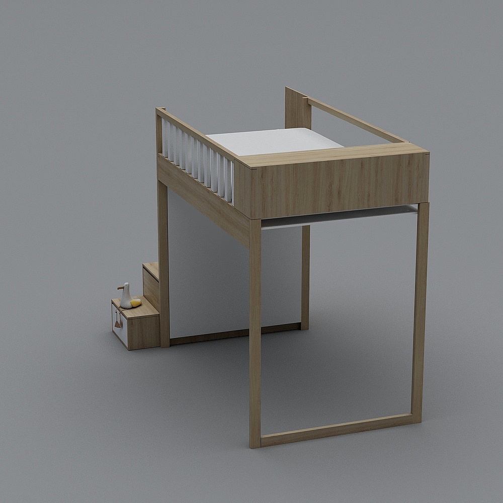 Modern light oak wood loft bed with safety rail and stairs on grey background