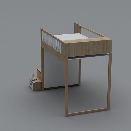 Modern light oak wood loft bed with safety rail and stairs on grey background