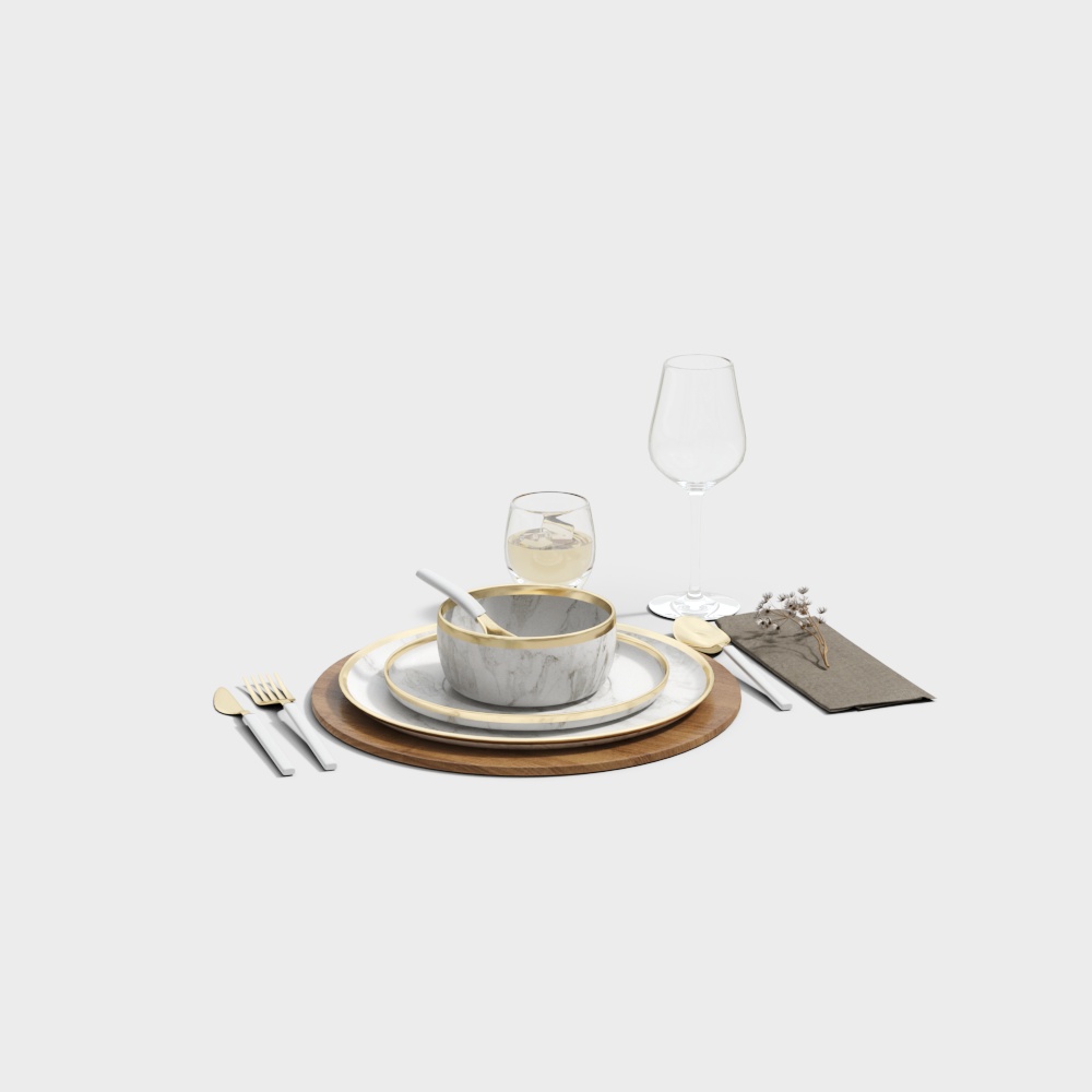 Elegant Dining Table Setting 3D Model – Marble & Gold Details