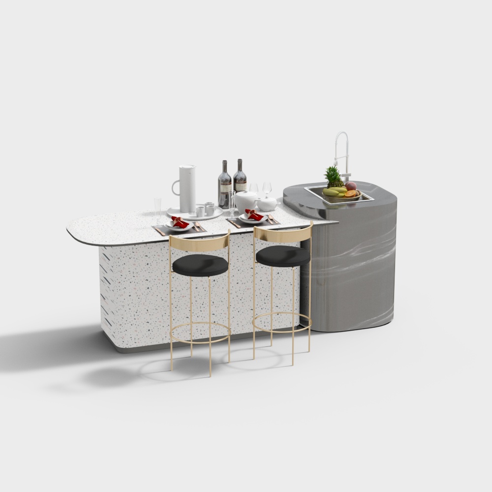 Modern white terrazzo kitchen island with grey sink and two gold stools on white background