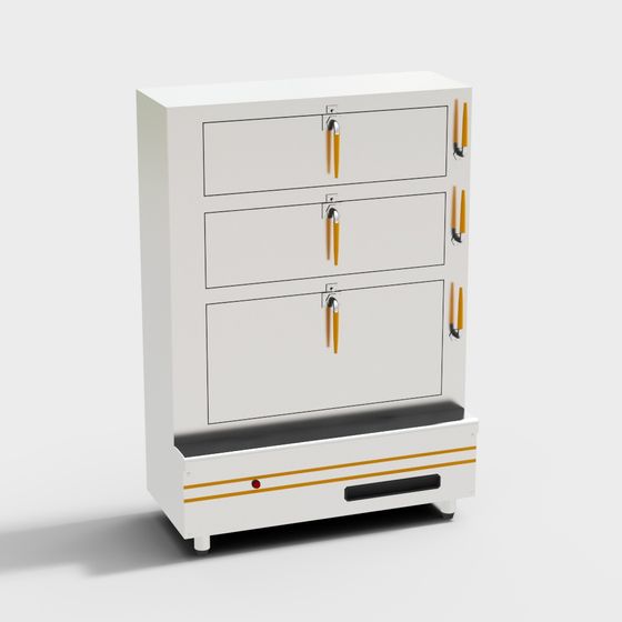 White three drawer cabinet with yellow handles and black base on grey background